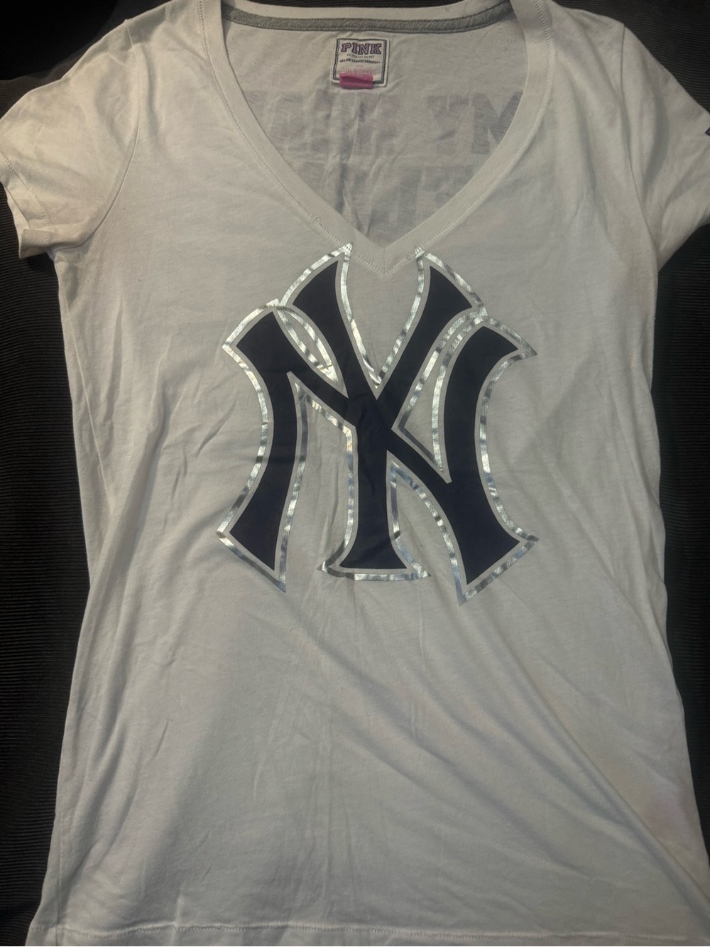 PINK Victoria's Secret White V-Neck Tee with Navy NY Logo and Silver Trim